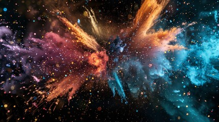 Poster - Dynamic and colorful particle explosion against a black background
