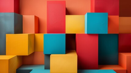 Poster - Geometric background with overlapping cubes in bright colors and varying opacities on a minimalist surface