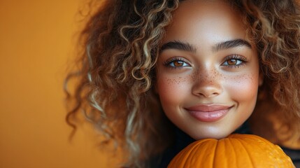 Wall Mural - A woman with brown hair and a pumpkin in her hand