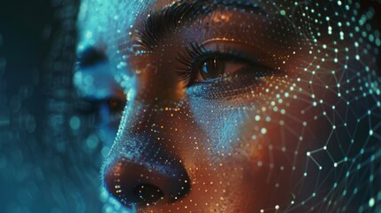 Poster - High-tech AI elements assembling into a facial image, showcasing intricate details and a minimalist background
