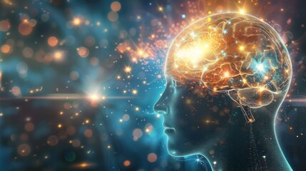 Aufkleber - Human head with illuminated brain and bright light beams extending from the head against a sleek, futuristic background
