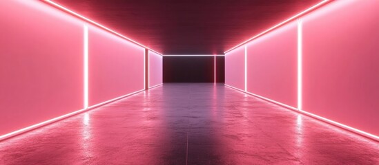 Poster - 3D rendering of a luxurious parametric abstract background featuring a minimalistic contemporary showroom modern black exhibition tunnel and empty gallery illuminated by neon backlighting