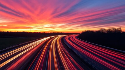 Poster - Long exposure of highway traffic at sunset with streaking lights