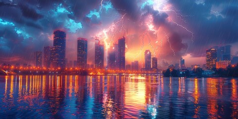 Poster - Cityscape Under a Dramatic Thunderstorm