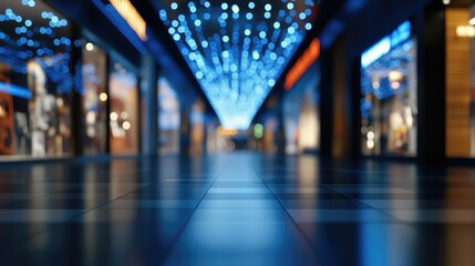 Poster - 3D rendering of a dark blurred image showcasing a modern shopping mall corridor with a bokeh effect ideal for background use