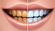 © Atthasit - Close-up graphic of teeth whitening process, half faded with yellowish tones and half with vibrant white teeth, simple vector style, clean layout, clear contrast