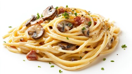 Wall Mural - A vivid 3D close-up of spaghetti carbonara with mushrooms, focusing on the texture and rich appearance of the dish against a clean white background, no people.