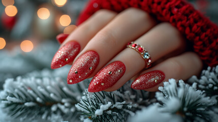 closeup of woman's manicured hand with freshly painted red and white Christmas themed finger nail polish on snowy xmas tree background