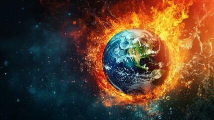 Poster - Planet Earth surrounded by vivid fire, water, air, and earth elements