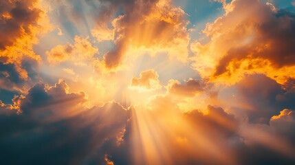 Aufkleber - Radiant beams of sunlight cutting through a colorful, cloud-strewn sunset sky, with hues of gold and orange blending seamlessly