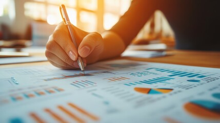 Poster - Hand holding a pen over a financial report with colorful charts in a sunlit office setting. Business growth concept.