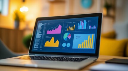 Aufkleber - Laptop displaying colorful charts and graphs in a home office environment. Remote business analytics concept.