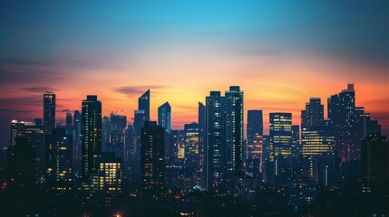Aufkleber - Sleek urban skyline with a futuristic design, featuring high-tech buildings and a striking silhouette against a twilight sky.