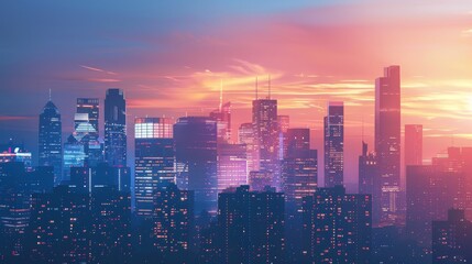 Aufkleber - Sleek urban skyline with a futuristic design, featuring high-tech buildings and a striking silhouette against a twilight sky.