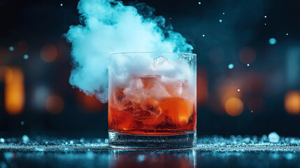 Poster - Close-up of a cocktail glass with dry ice smoke and red drink, surrounded by a bokeh background.