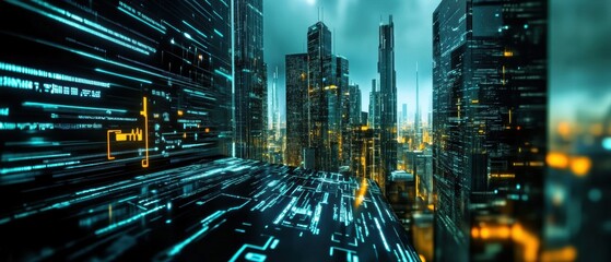 Wall Mural - Futuristic city skyline with digital technology elements and glowing data streams