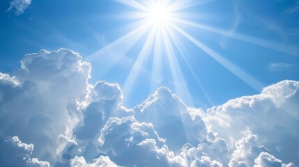 Poster - Sunbeams shining through cumulus clouds, bright and clear sky