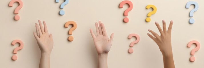 Poster - Hands of different ethnicities reaching for question marks. Represents diversity and collaboration.