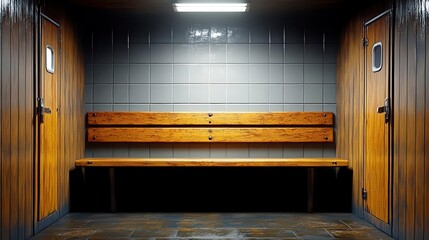 A wooden bench sits between two closed doors in a tiled room