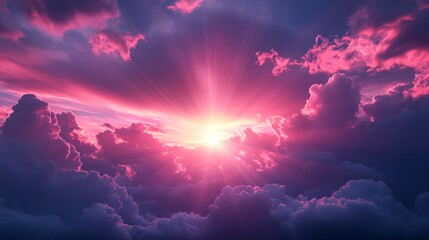 Poster - Vibrant sun rays breaking through the clouds during a breathtaking sunset, with rich tones of pink and purple