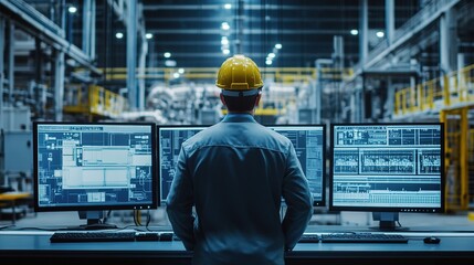 Poster - a technical engineer observes the production process through multiple monitors. innovative technolog