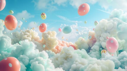 Aufkleber - Whimsical Easter card background featuring a dreamy scene of a pastel sky with floating Easter eggs and fluffy clouds on a soft, blue canvas