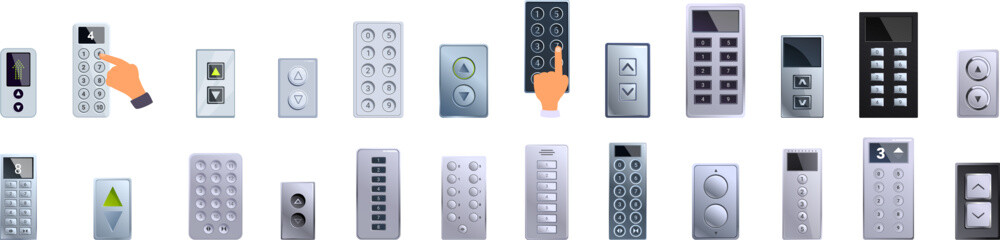 Poster - Elevator control panel icons set. Set of cartoon icons of elevator control panels with buttons for selecting floors and directions
