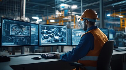 Poster - a technical engineer observes the production process through multiple monitors. innovative technolog