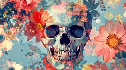 Poster - Human Skull Overlaid with Watercolor Flowers