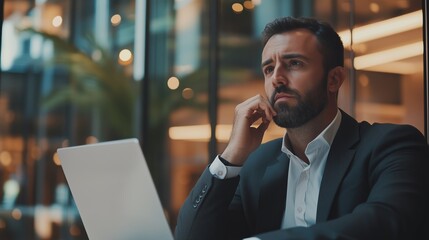 Poster - a businessman in a suit thoughtfully contemplates while working on a laptop in a modern office envir