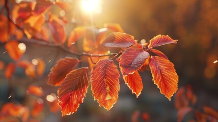 Poster - A leafy tree branch with leaves that are orange and wet