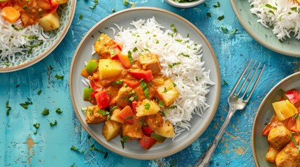 Top view of plates with turkey curry cooked with bell peppers and pineapple. Basmati rice. Two portions on a blue table surface. 