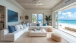 © Tomass - Modern living room with open view to tropical beach and ocean. elegant, bright coastal interior design.