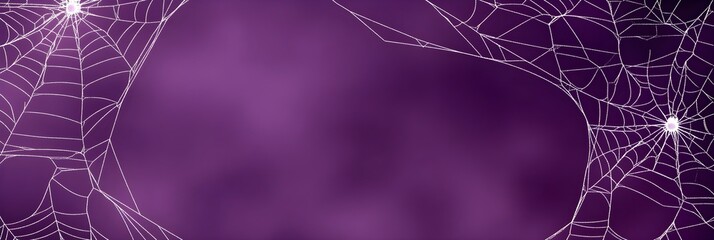 a purple background with white spider webs hanging from the top and bottom corners, creating an eeri