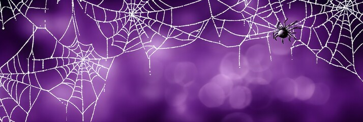 Wall Mural - a purple background with white spider webs hanging from the top and bottom corners, creating an eeri