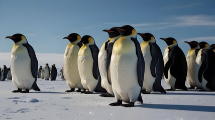 Wall Mural - a group of emperor penguins standing on a vast, icy landscape, scene evokes a sense of peace and tra