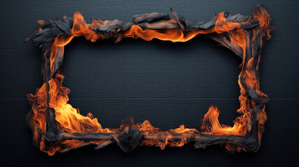 Sticker - Burning wooden frame with bright orange flames against a dark background.