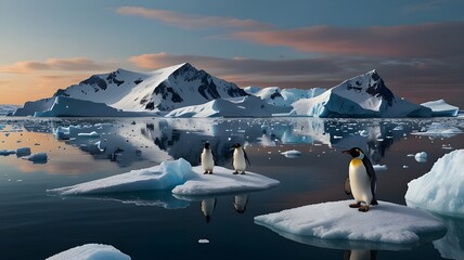 Wall Mural - a group of emperor penguins standing on a vast, icy landscape, scene evokes a sense of peace and tra