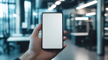 Aufkleber - Hand holding a smartphone with a blank screen in an office setting with bright lighting. Represents business, communication, and technology