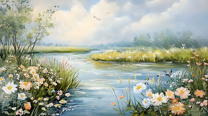Wall Mural - A painting of a river with a field of flowers on the bank
