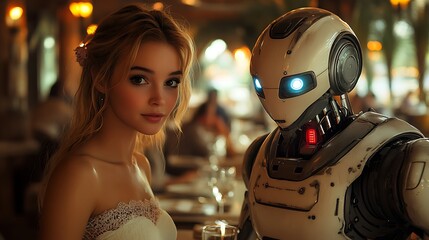 A young woman sits across from a humanoid robot in a dimly lit restaurant, their eyes meeting. The woman's expression is a mix of curiosity and amusement,