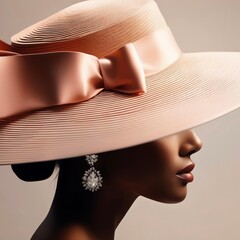 Wall Mural - A well-groomed woman wearing a big hat stands out; the image is unframed, elegant, fashionable, and perfectly lit. It can be used for  product, poster, or macro photography. 