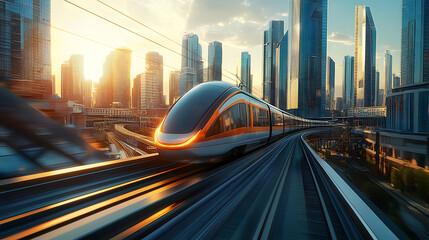 Wall Mural - High speed modern train in futuristic city, sci fi background.