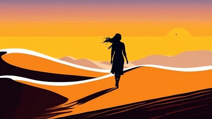 An eye-catching, minimalist silhouette drawing conveys the spirit of a woman exploring a huge, desolate desert. 
