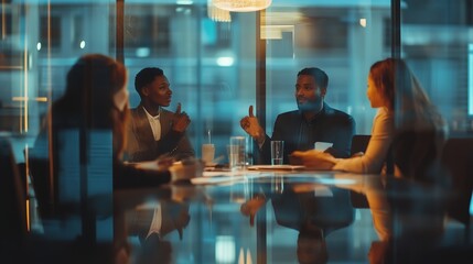 Poster - Business team engages in a strategic meeting around a glass table in a modern office setting during the evening