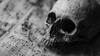 Poster - Human Skull Resting on Musical Sheet Music