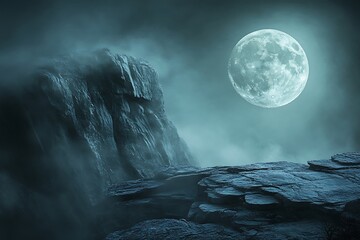 Wall Mural - A serene landscape featuring a large moon illuminating rocky cliffs and mist.