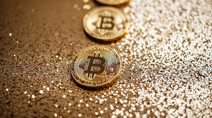 close-up of golden Bitcoin coins on a gold background