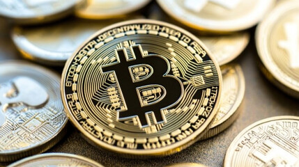 close-up of golden Bitcoin coins on a gold background