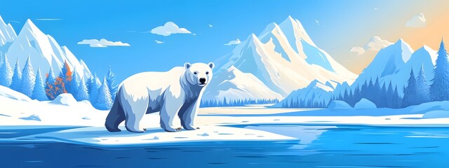 Illustration of a polar bear standing on an ice floe, with a winter landscape featuring a river and forest in the background, in a vector illustration style with a flat design, simple shapes